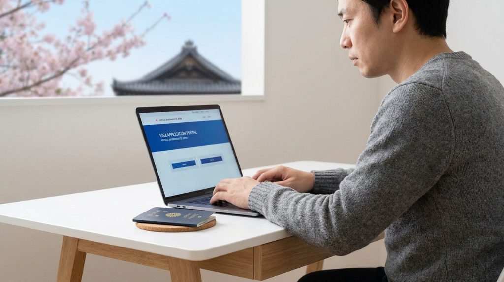 Un homme utilise un ordinateur portable pour effectuer une demande de visa en ligne avec un passeport japonais posé à côté.