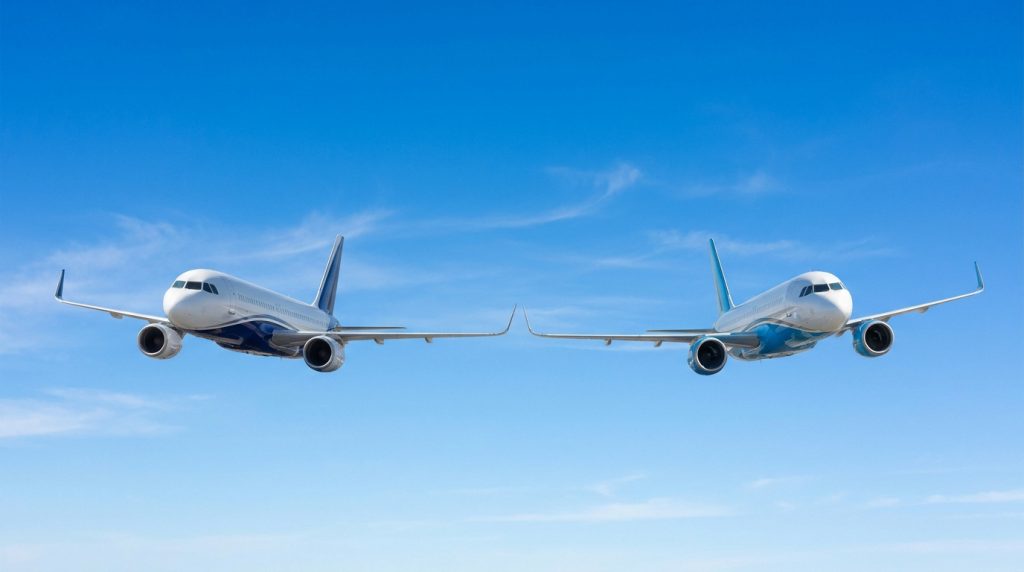 Deux avions de ligne volant côte à côte dans un ciel bleu dégagé.