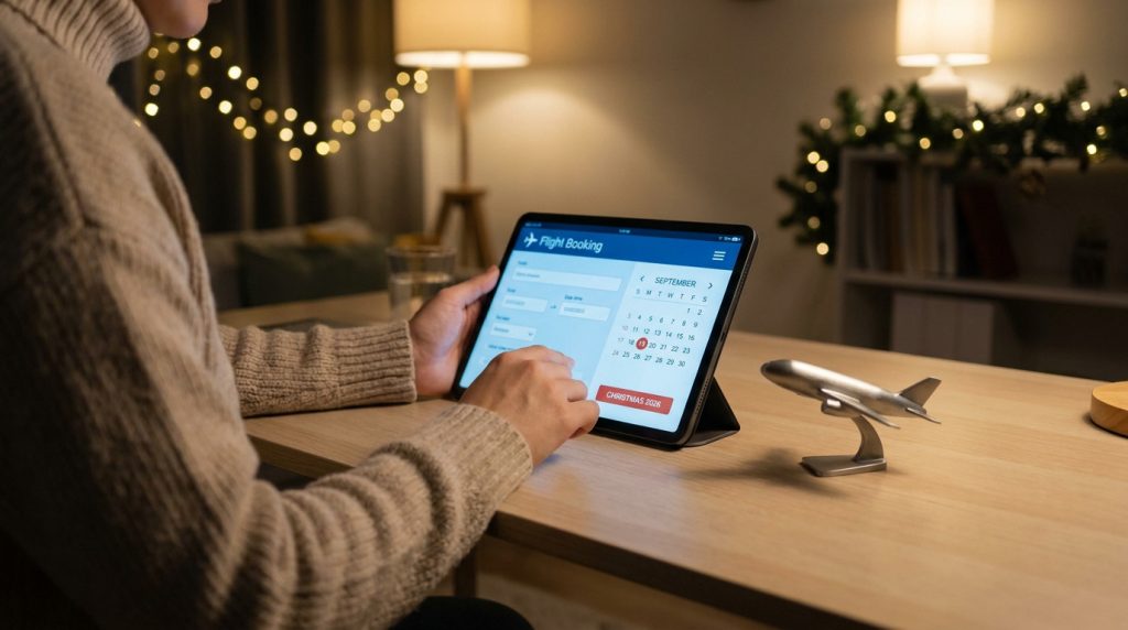 Personne utilisant une tablette pour réserver un vol sur une interface de réservation de voyage dans un salon chaleureux.