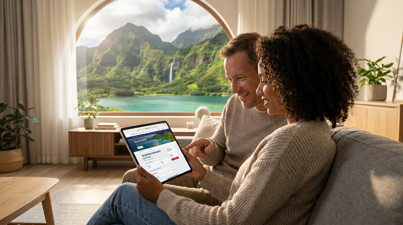 Un couple sur un canapé utilise une tablette pour réserver un voyage devant une fenêtre donnant sur une île tropicale.