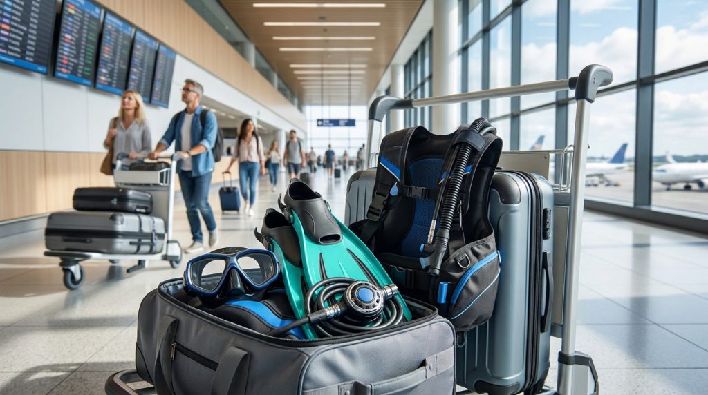 Chariot à bagages dans un aéroport contenant des palmes, un masque et un gilet stabilisateur de plongée.