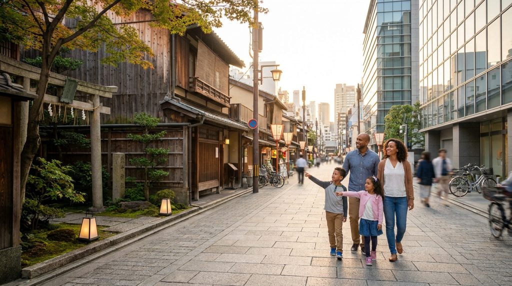 Une famille marche dans une rue japonaise mêlant maisons traditionnelles en bois et immeubles modernes.