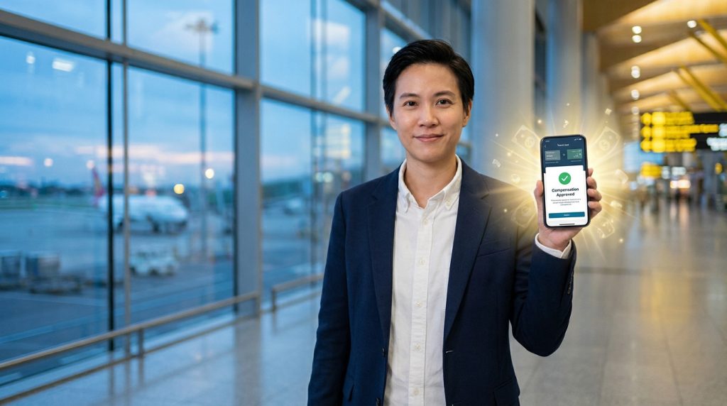 Un voyageur souriant montre son smartphone affichant une indemnisation approuvée dans un aéroport.