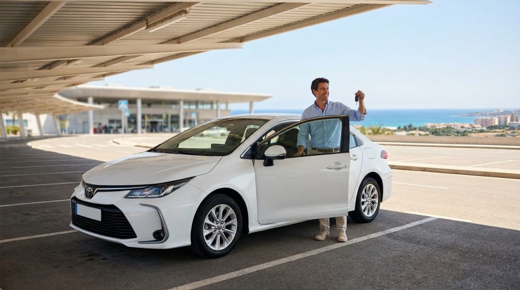 Un homme souriant debout près d'une voiture de location blanche avec les clés à la main sur un parking d'aéroport.