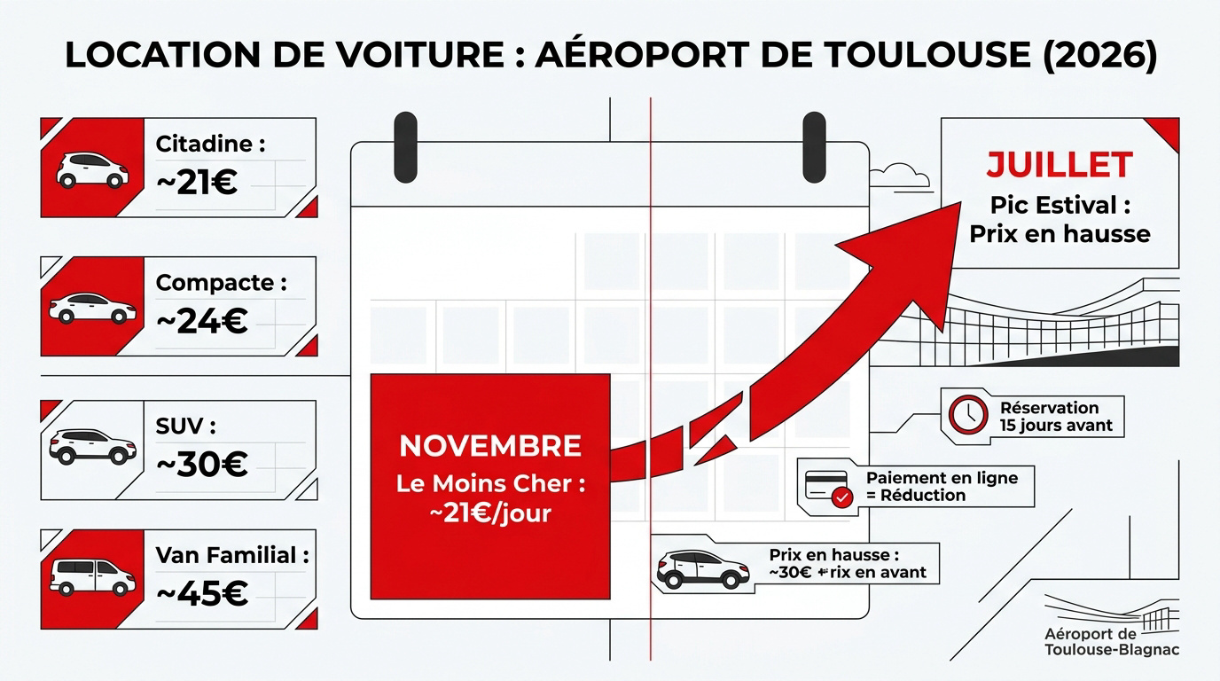 Tableau comparatif des tarifs de location de voiture à l'aéroport de Toulouse en 2026 selon les saisons