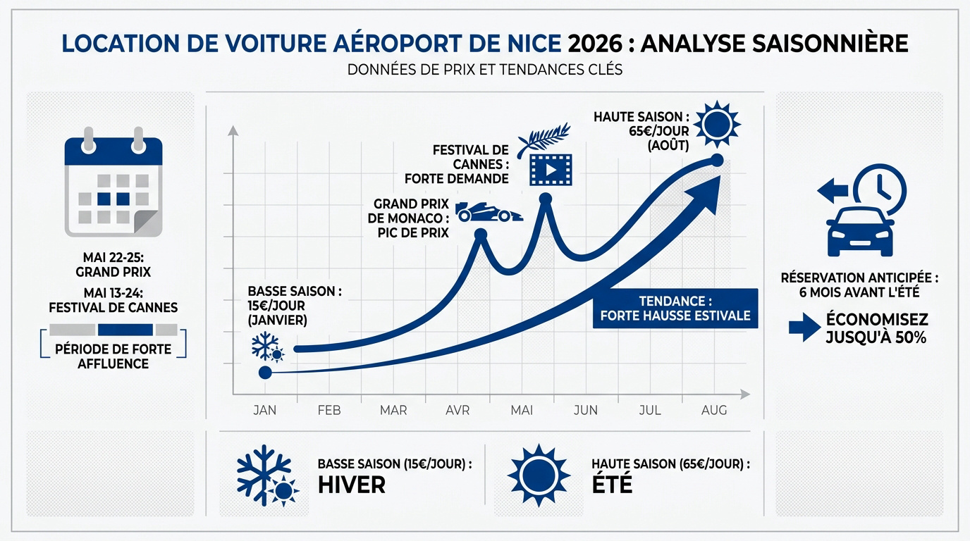 Graphique de l'évolution des prix de location de voiture à Nice en 2026 selon la saison