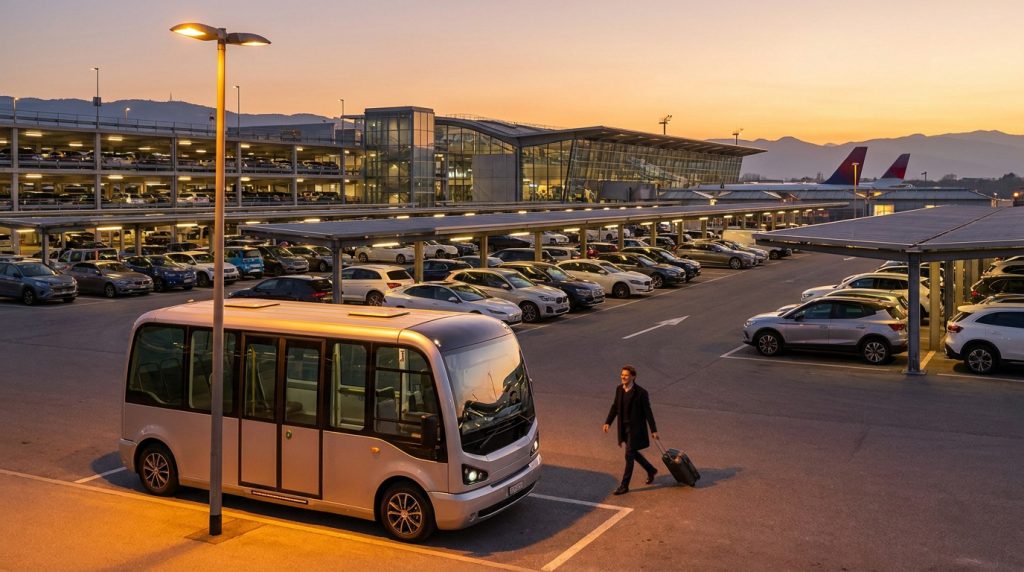 Un voyageur avec une valise marchant vers une navette à l'aéroport de Genève au coucher du soleil.