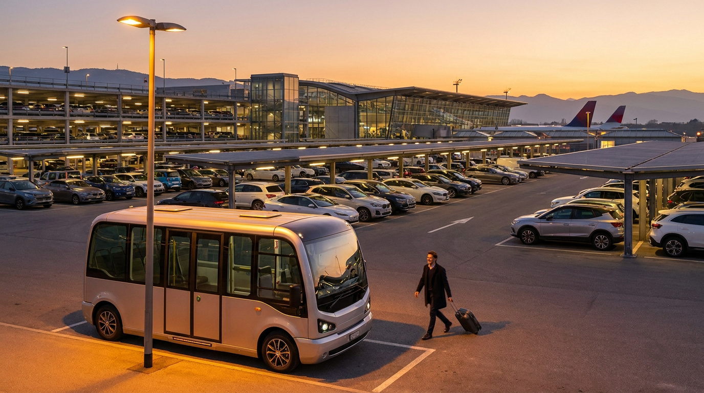 Un voyageur avec une valise marchant vers une navette à l'aéroport de Genève au coucher du soleil.