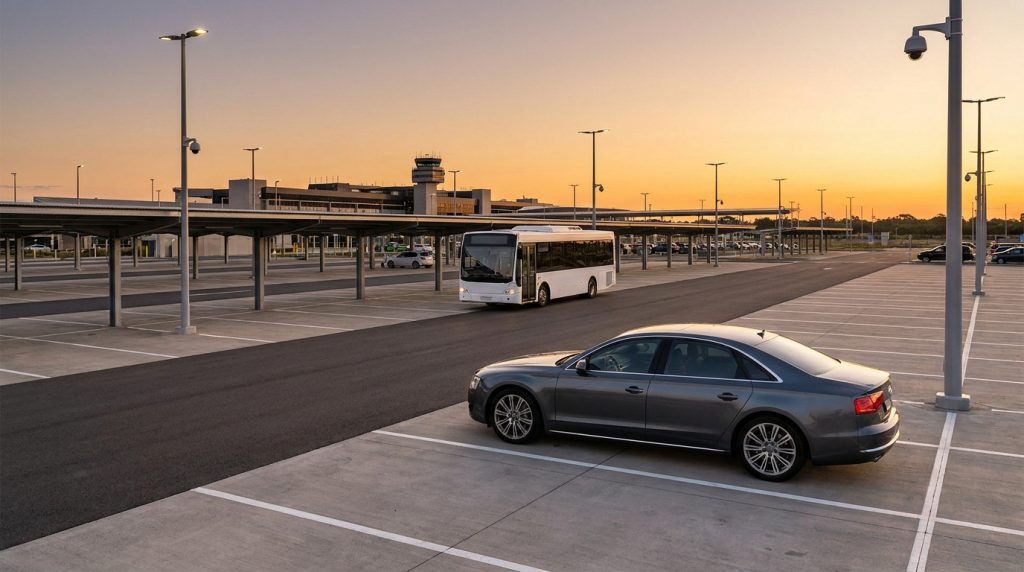 Une voiture grise garée dans un parking d'aéroport avec une navette en arrière-plan sous un coucher de soleil.