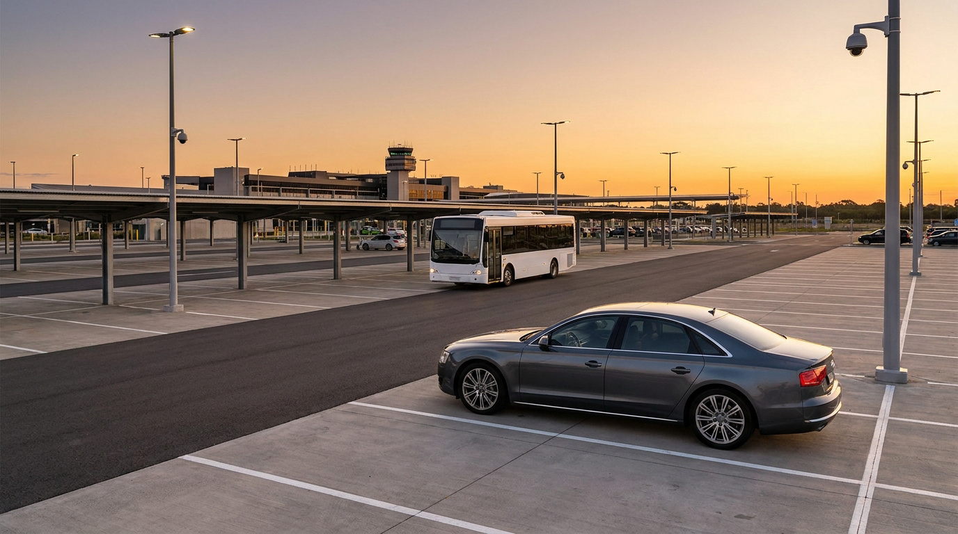 Une voiture grise garée dans un parking d'aéroport avec une navette en arrière-plan sous un coucher de soleil.