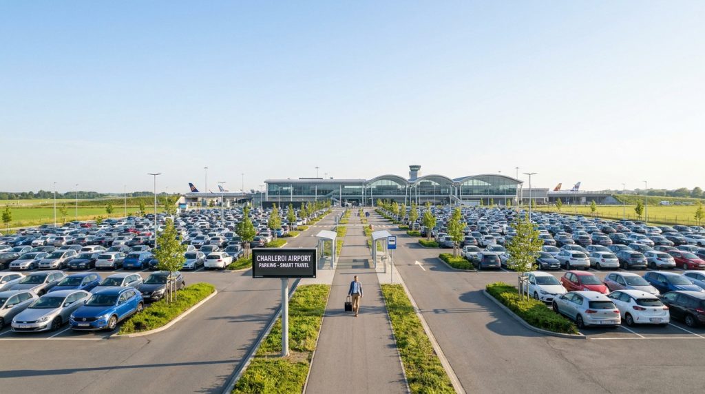 Un voyageur marche avec une valise dans le vaste parking de l'aéroport de Charleroi par une journée ensoleillée.