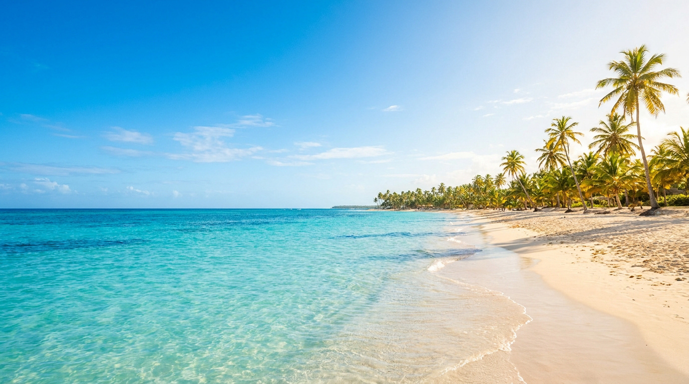 Une plage de sable blanc bordée de cocotiers avec une mer turquoise sous un ciel bleu dégagé.
