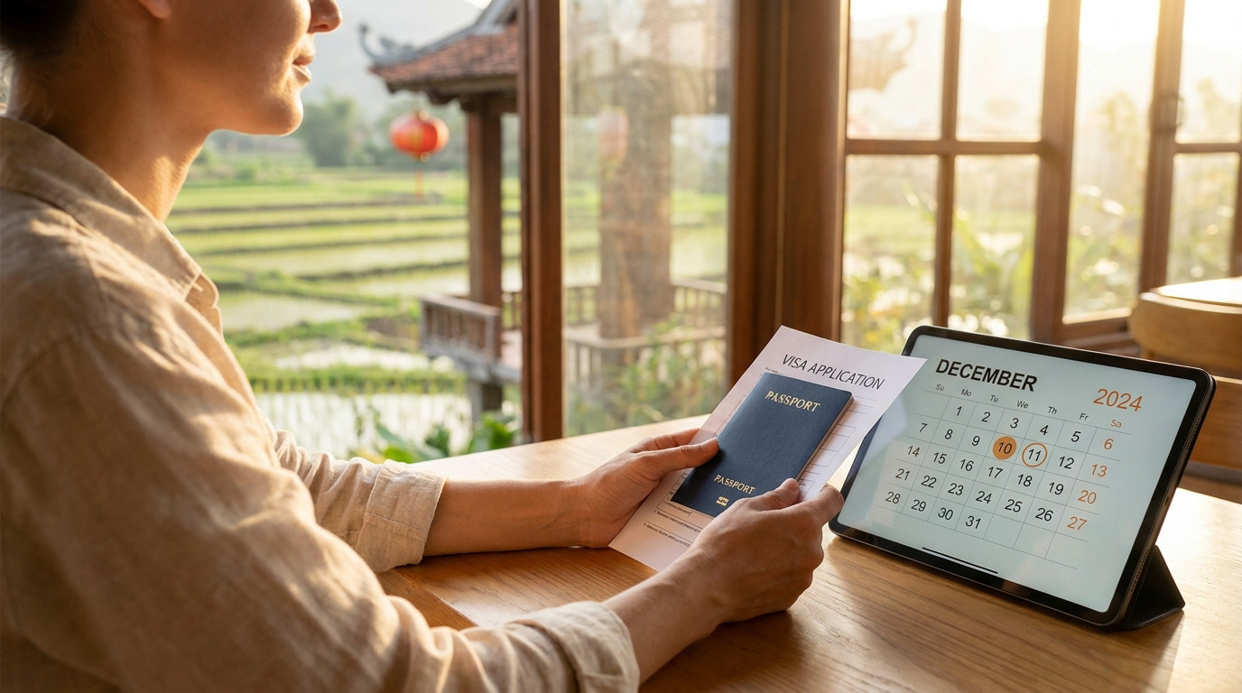 Une personne tient un passeport et un formulaire de demande de visa devant une tablette affichant un calendrier.