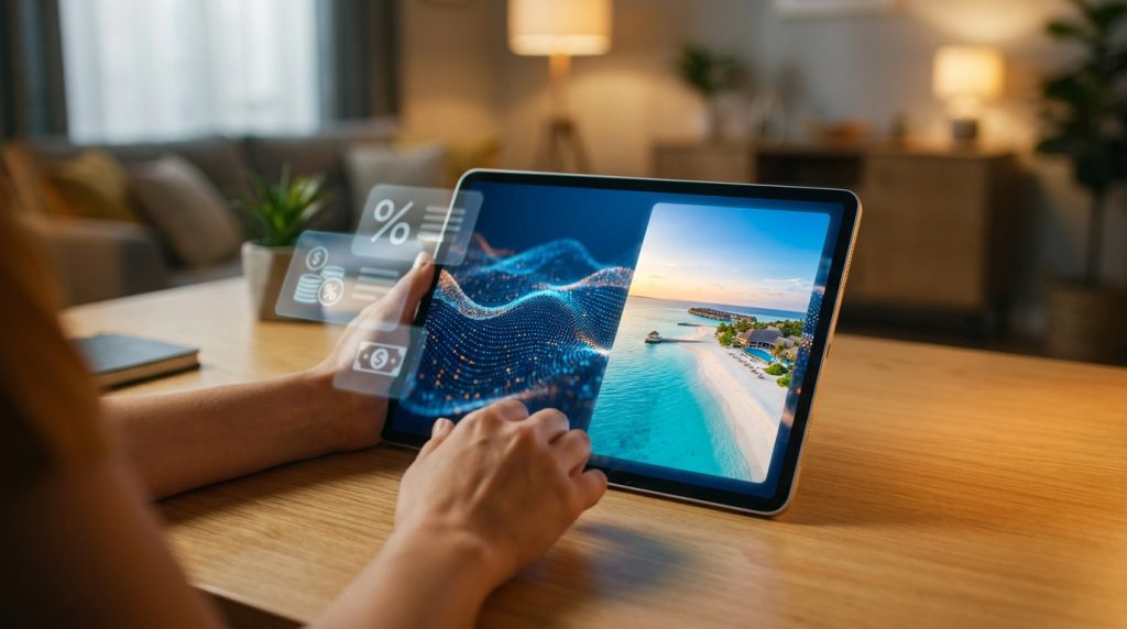 Personne utilisant une tablette avec une interface numérique montrant des offres de vacances et des réductions.