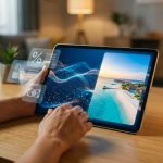 Personne utilisant une tablette avec une interface numérique montrant des offres de vacances et des réductions.