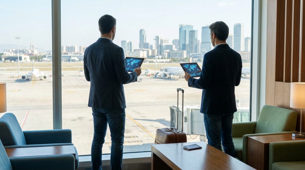 Deux hommes d'affaires regardant par la fenêtre d'un aéroport avec des tablettes, en vue d'une expatriation.