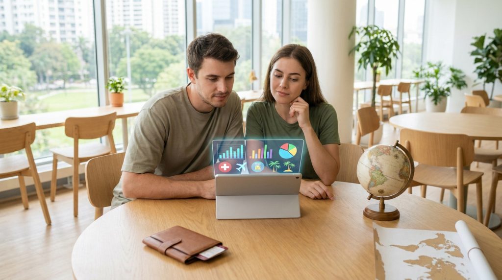 Un jeune couple consulte des données d'assurance voyage holographiques sur une tablette dans un bureau moderne.
