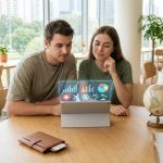 Un jeune couple consulte des données d'assurance voyage holographiques sur une tablette dans un bureau moderne.
