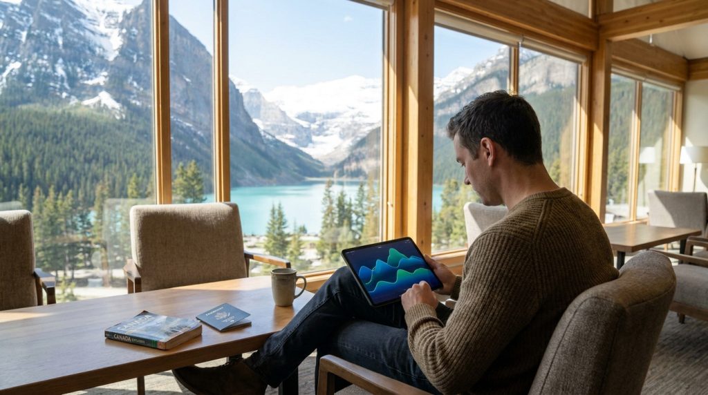 Un homme consulte des données sur sa tablette face à une vue panoramique sur le lac Louise au Canada.