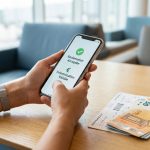 Une personne tient un smartphone affichant une réclamation acceptée avec des billets d'avion et des billets en euros.