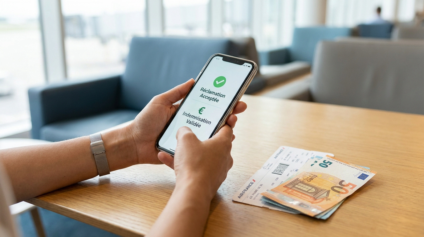 Une personne tient un smartphone affichant une réclamation acceptée avec des billets d'avion et des billets en euros.