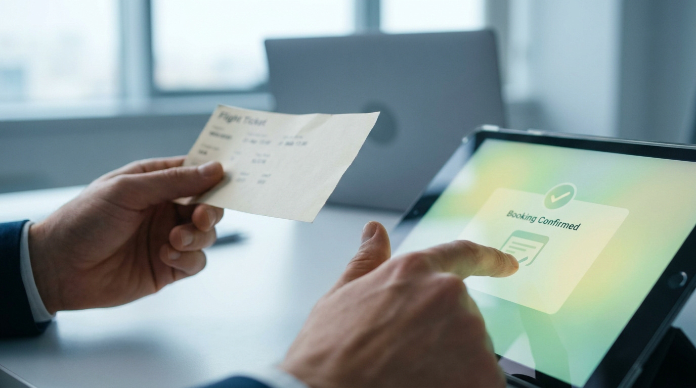 Une personne tient un billet d'avion à la main tout en utilisant une tablette affichant une confirmation de réservation.