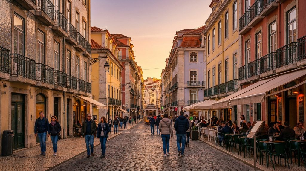 Rue pavée historique de Lisbonne avec des bâtiments colorés, des terrasses de café et un tramway au crépuscule.