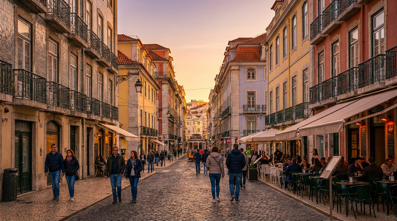 Rue pavée historique de Lisbonne avec des bâtiments colorés, des terrasses de café et un tramway au crépuscule.
