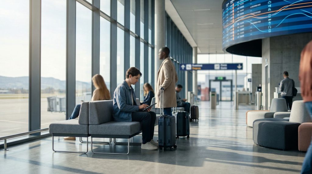 Passagers attendant dans le hall d'un aéroport moderne avec leurs bagages près d'une grande baie vitrée.