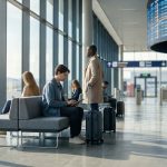 Passagers attendant dans le hall d'un aéroport moderne avec leurs bagages près d'une grande baie vitrée.