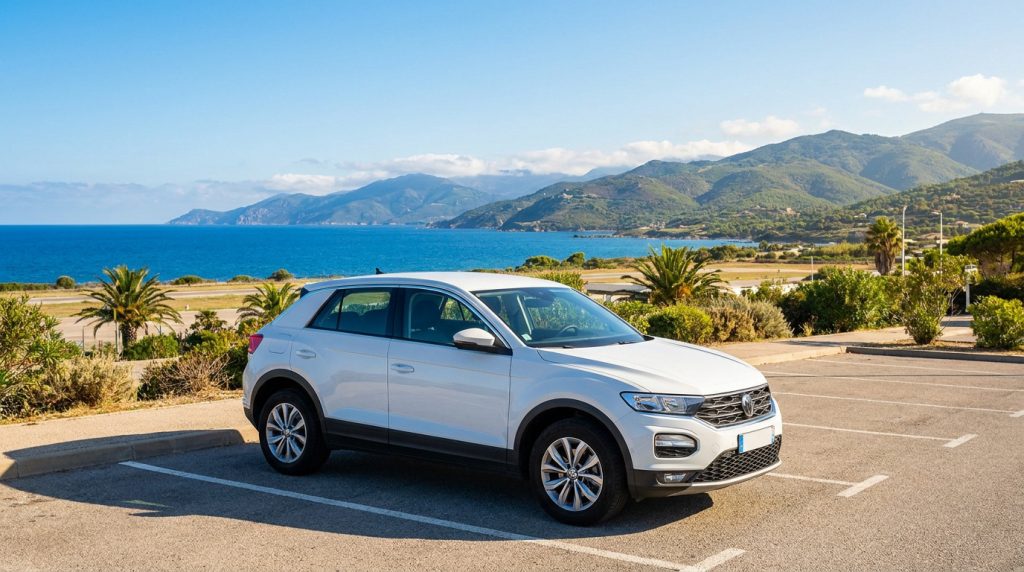 Une voiture Volkswagen blanche garée sur un parking face à la mer et aux montagnes de Corse.