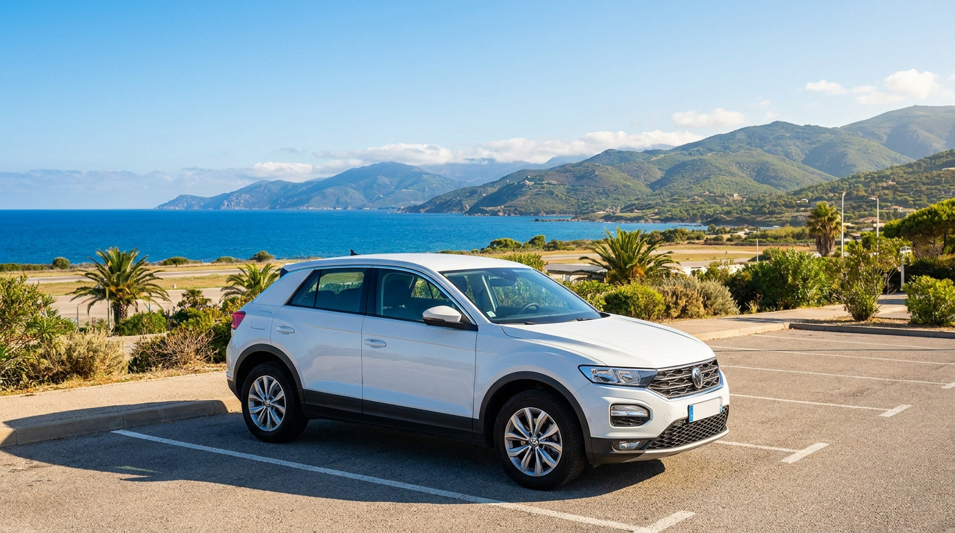 Une voiture Volkswagen blanche garée sur un parking face à la mer et aux montagnes de Corse.