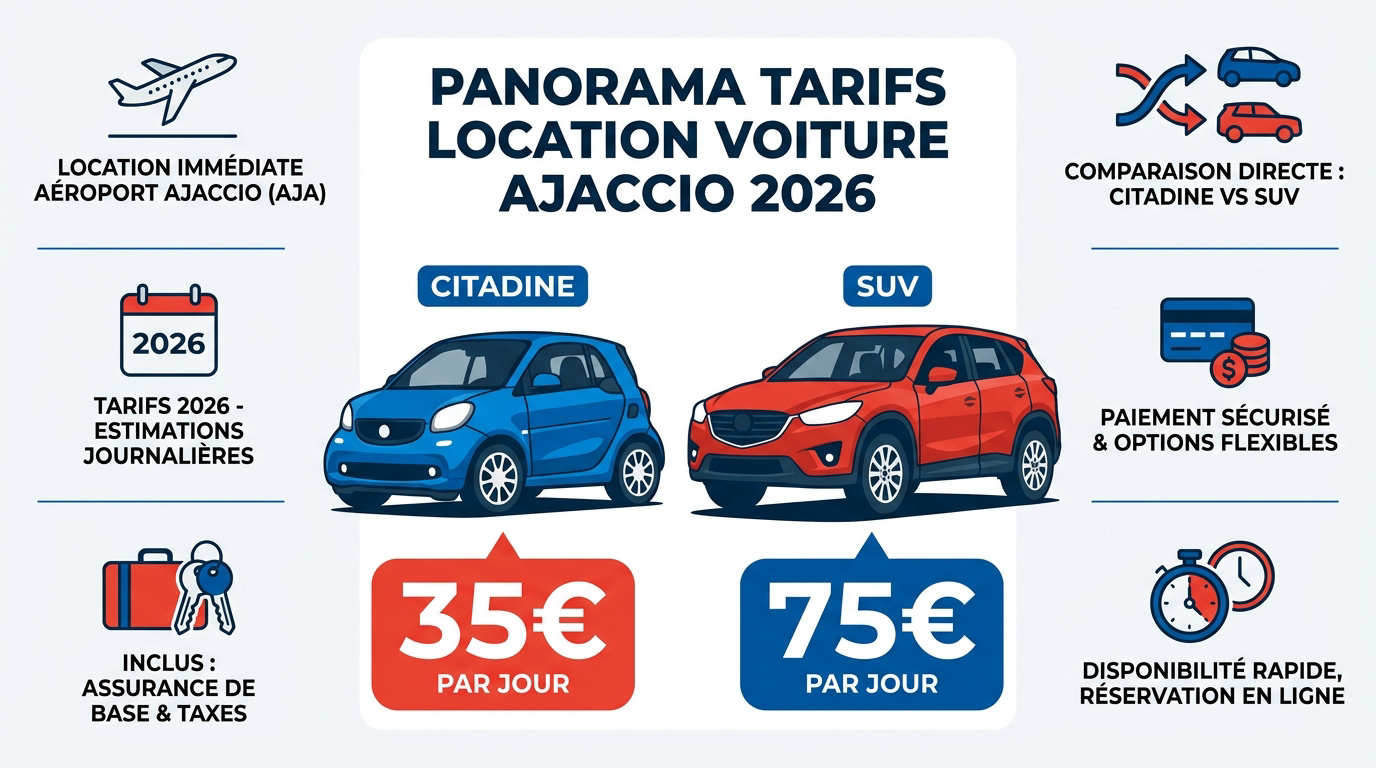 Comparatif des tarifs de location de voiture à l'aéroport d'Ajaccio en 2026 par catégorie de véhicule