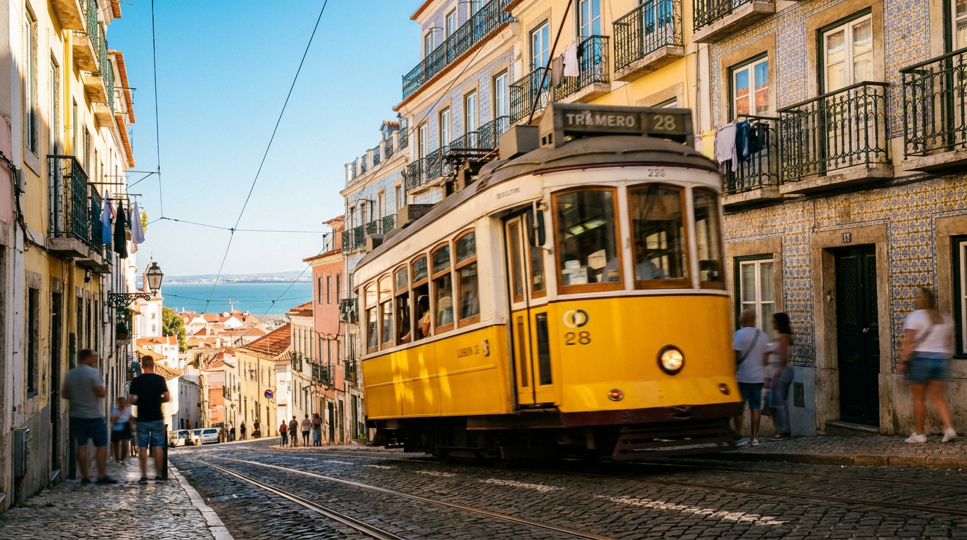 Le tramway jaune emblématique numéro 28 circulant dans une rue pavée et ensoleillée de Lisbonne avec vue sur le Tage.