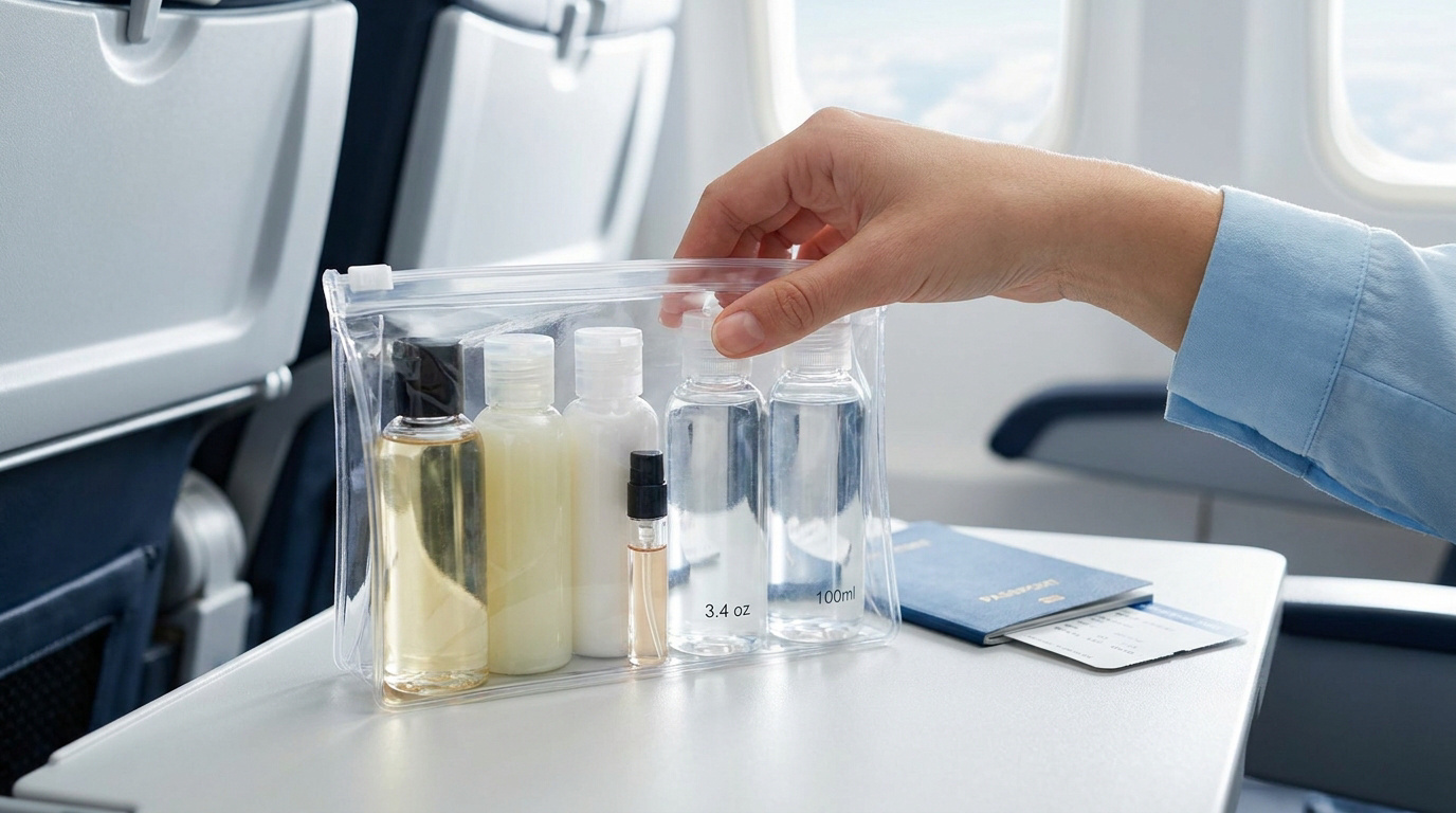 Main tenant une trousse transparente avec des flacons de liquides dans un avion.