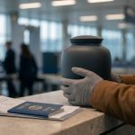 Une personne porte des gants et tient une urne funéraire à un comptoir d'aéroport avec un passeport et des documents.