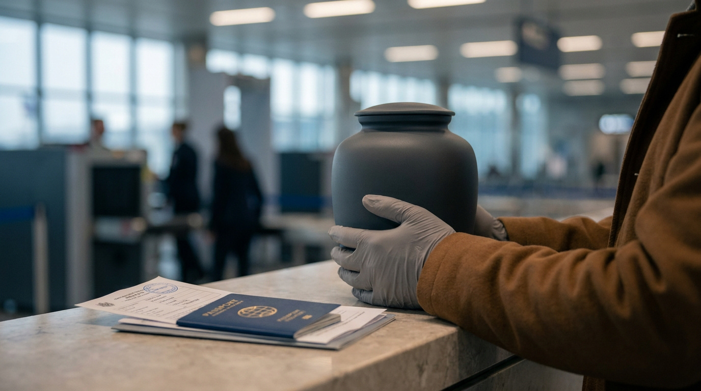 Une personne porte des gants et tient une urne funéraire à un comptoir d'aéroport avec un passeport et des documents.