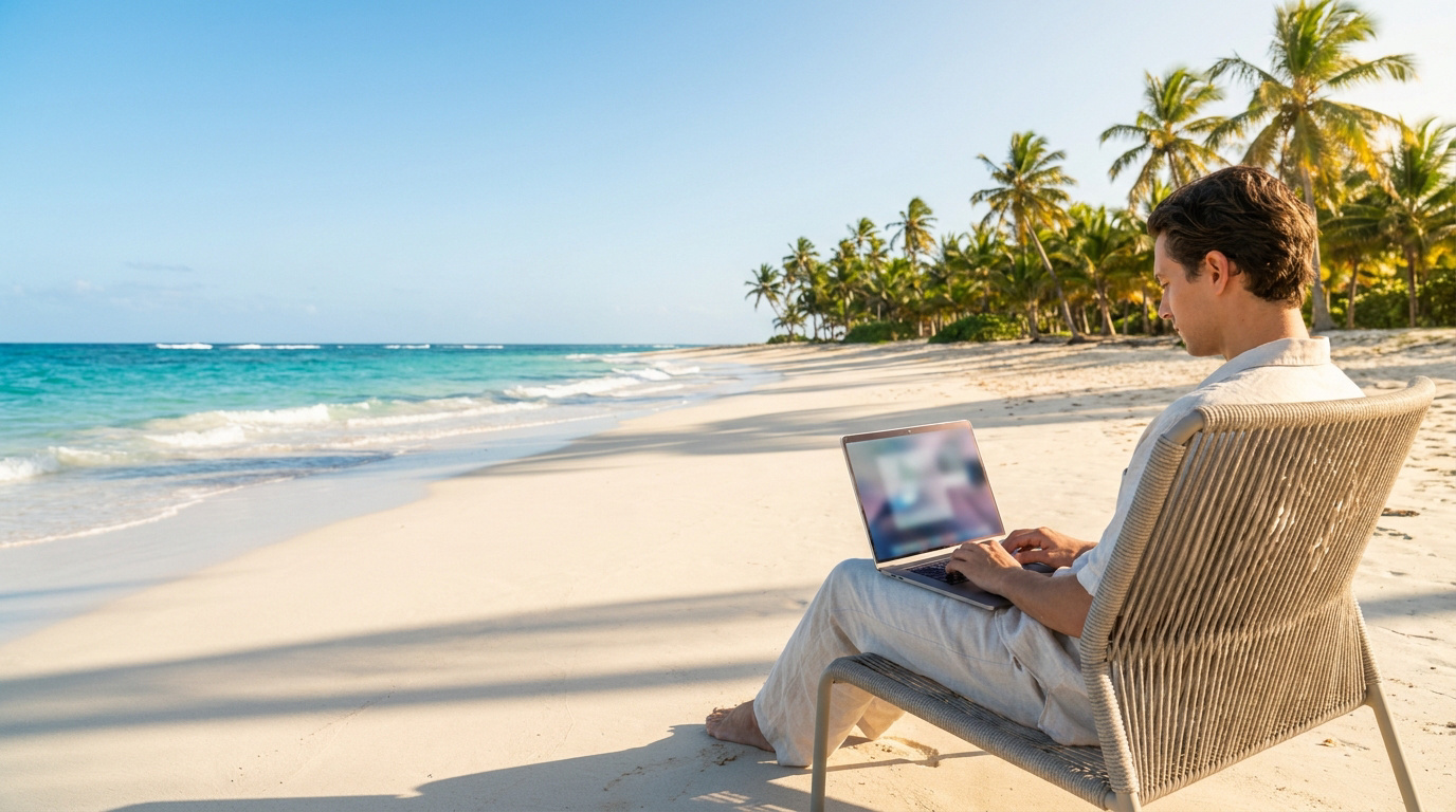 Un homme utilise son ordinateur portable assis dans un fauteuil sur une plage paradisiaque au bord de l'eau.