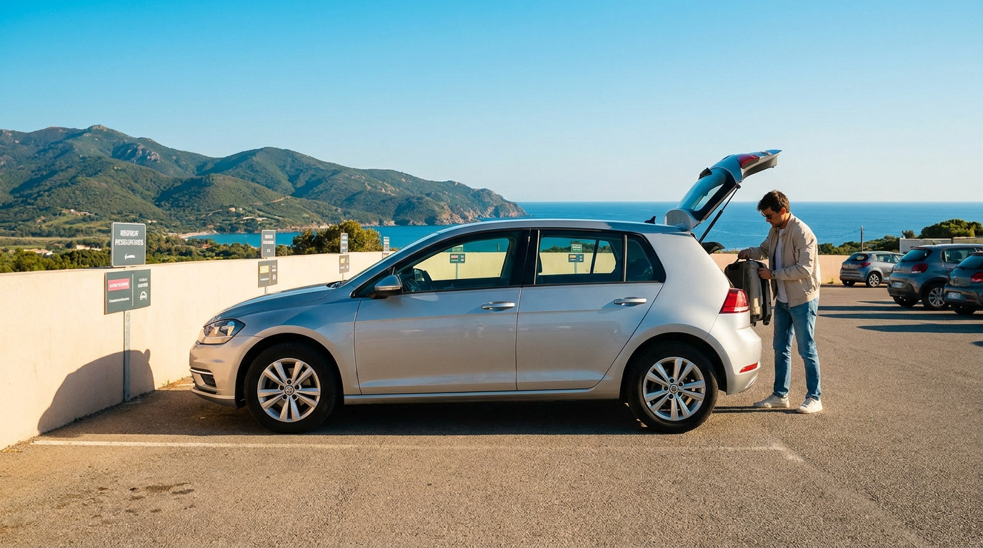 Un homme range ses bagages dans le coffre d'une voiture de location sur un parking avec vue sur la mer en Corse.