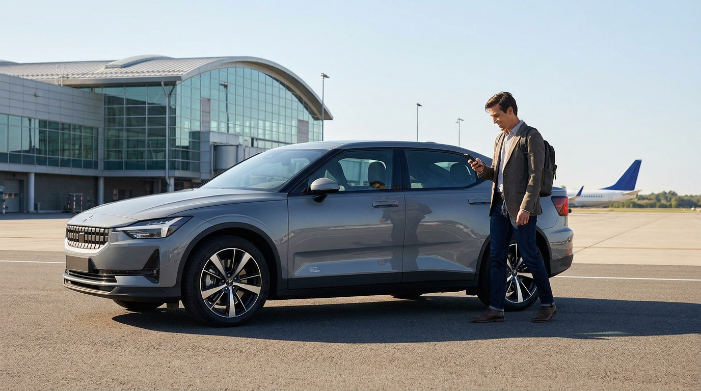 Un homme souriant consulte son téléphone près d'une voiture électrique garée devant l'aéroport de Lyon.