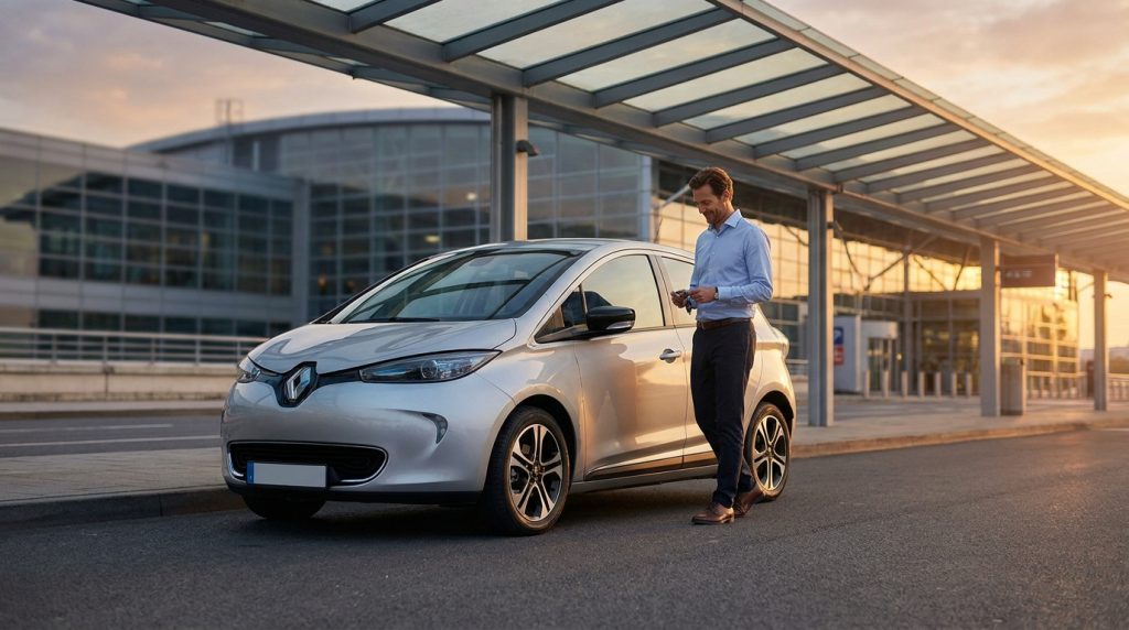 Un homme en tenue de ville récupère sa voiture de location électrique devant l'aéroport de Toulouse au coucher du soleil.
