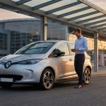 Un homme en tenue de ville récupère sa voiture de location électrique devant l'aéroport de Toulouse au coucher du soleil.