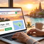 Une personne utilisant un ordinateur portable pour réserver un billet d'avion pour Bali avec vue sur la plage au coucher.