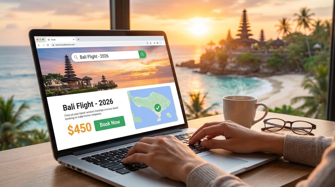 Une personne utilisant un ordinateur portable pour réserver un billet d'avion pour Bali avec vue sur la plage au coucher.