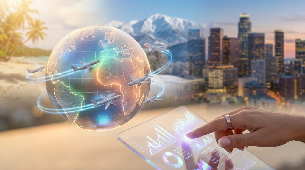 Main utilisant une tablette numérique avec un globe terrestre et des avions en arrière-plan.