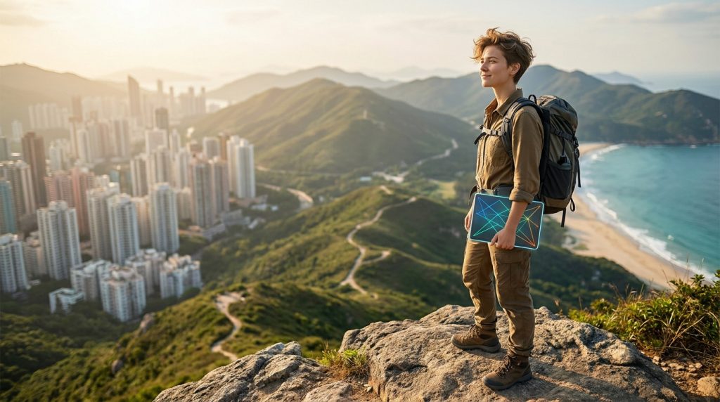 Voyageur avec un sac à dos et un ordinateur portable contemplant une vue panoramique sur une ville côtière.