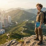 Voyageur avec un sac à dos et un ordinateur portable contemplant une vue panoramique sur une ville côtière.