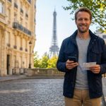 Un homme souriant tient son téléphone et un document de voyage devant la Tour Eiffel dans une rue parisienne.