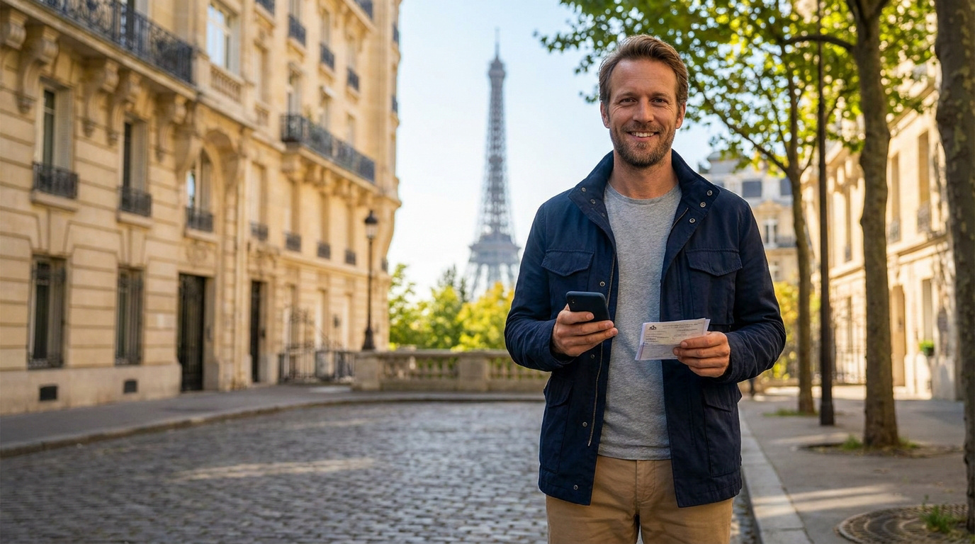 Un homme souriant tient son téléphone et un document de voyage devant la Tour Eiffel dans une rue parisienne.
