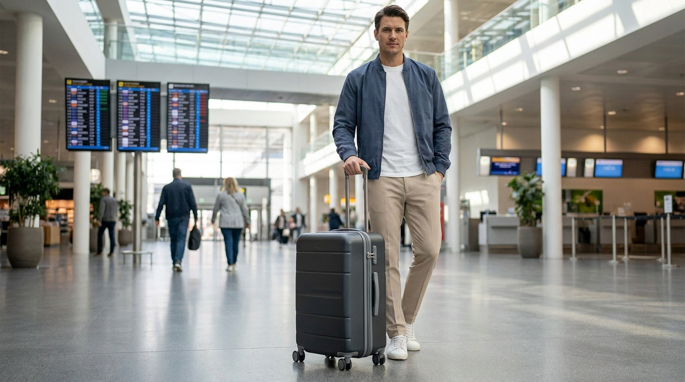 Un homme élégant avec une valise à roulettes dans le hall d'un aéroport moderne.